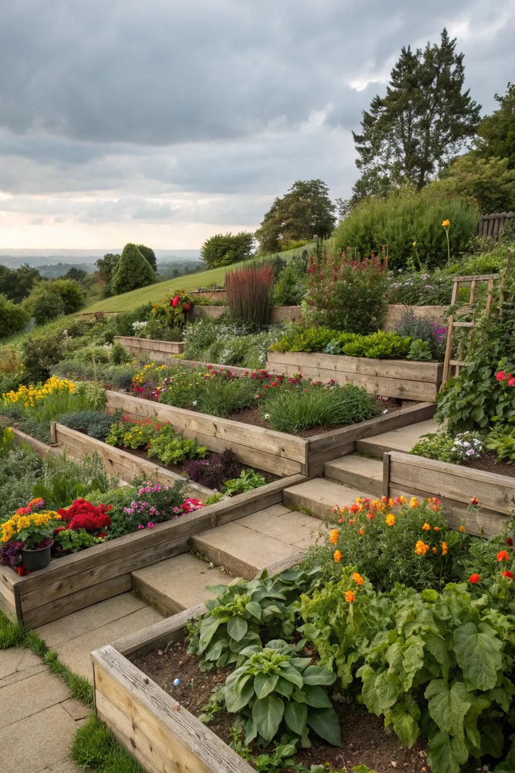 Elevated beds adding depth and accessibility.