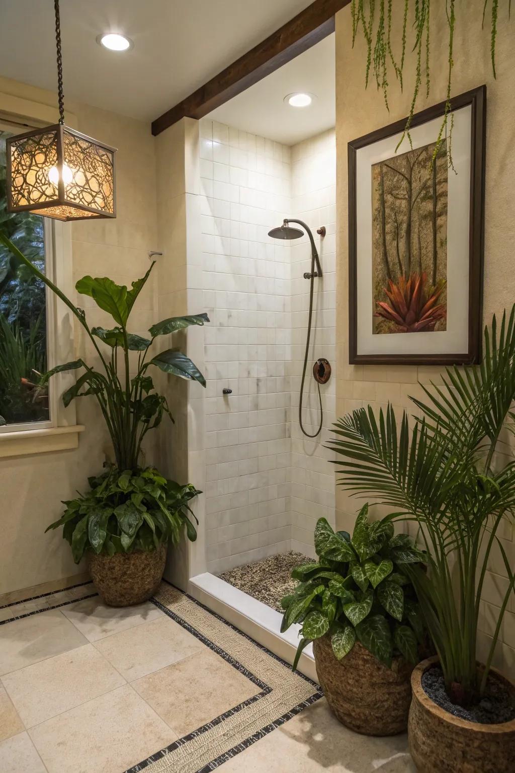 Decorative accents add personality and warmth to a standup shower.