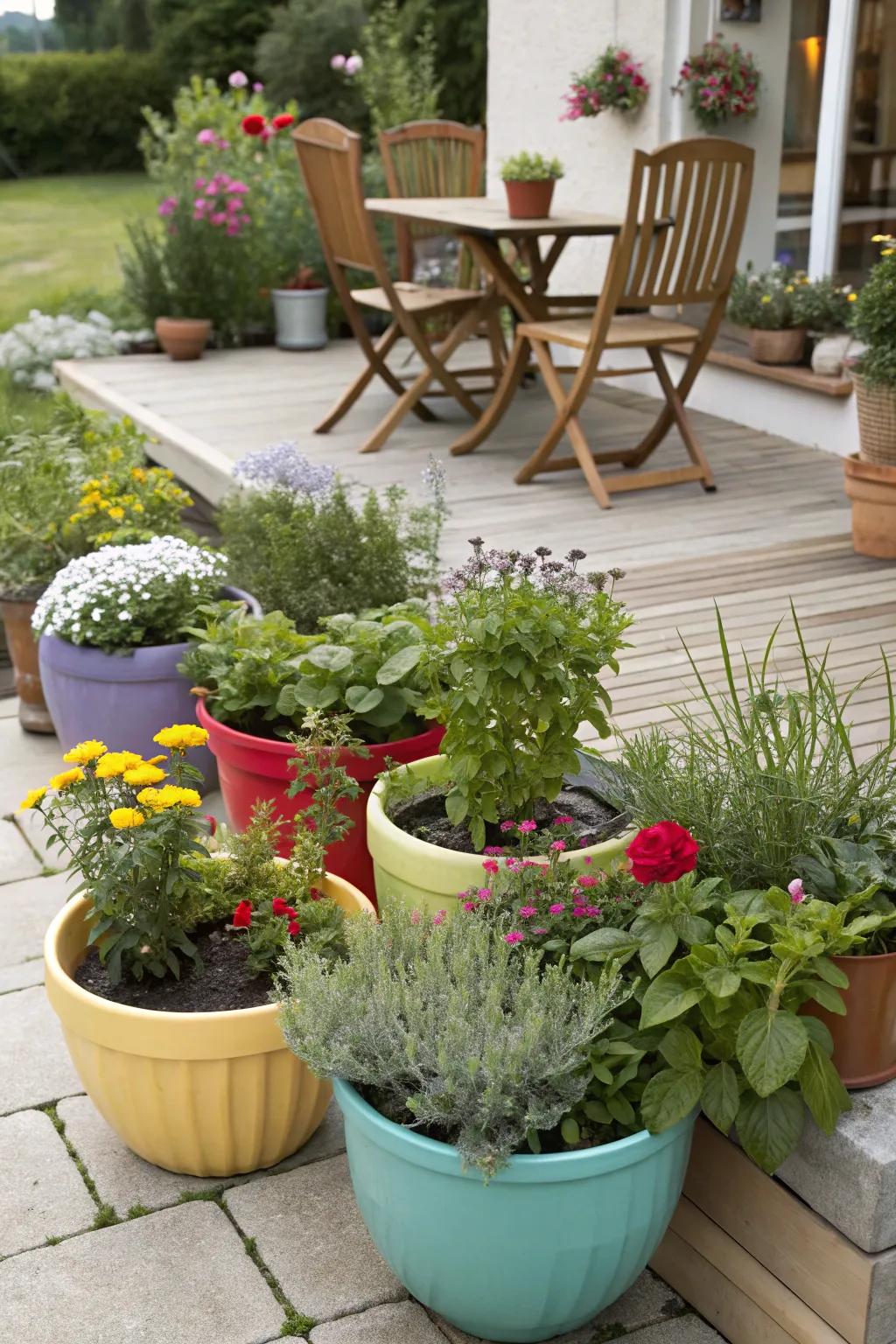 A vibrant container garden full of varied plant life and colors.