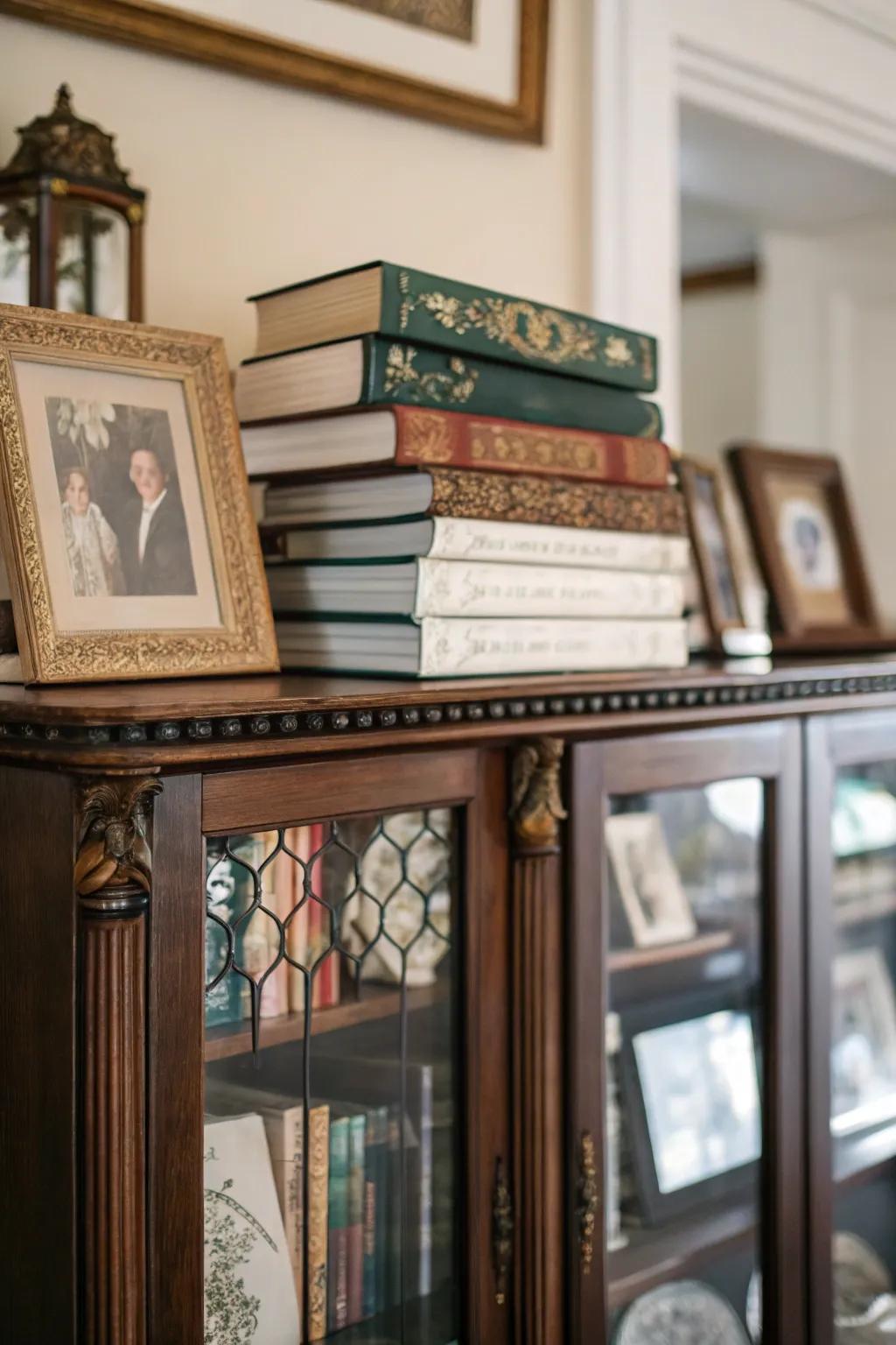 Books and frames add height and intellectual charm.