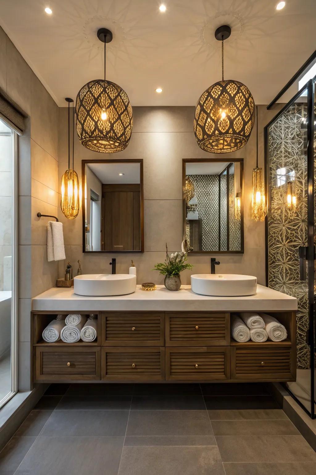 A bathroom featuring eclectic lighting above the vanity for a warm, inviting ambiance.