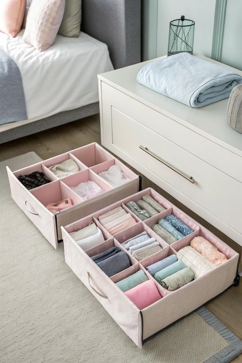 Soft fabric bins for a cozy drawer organization.