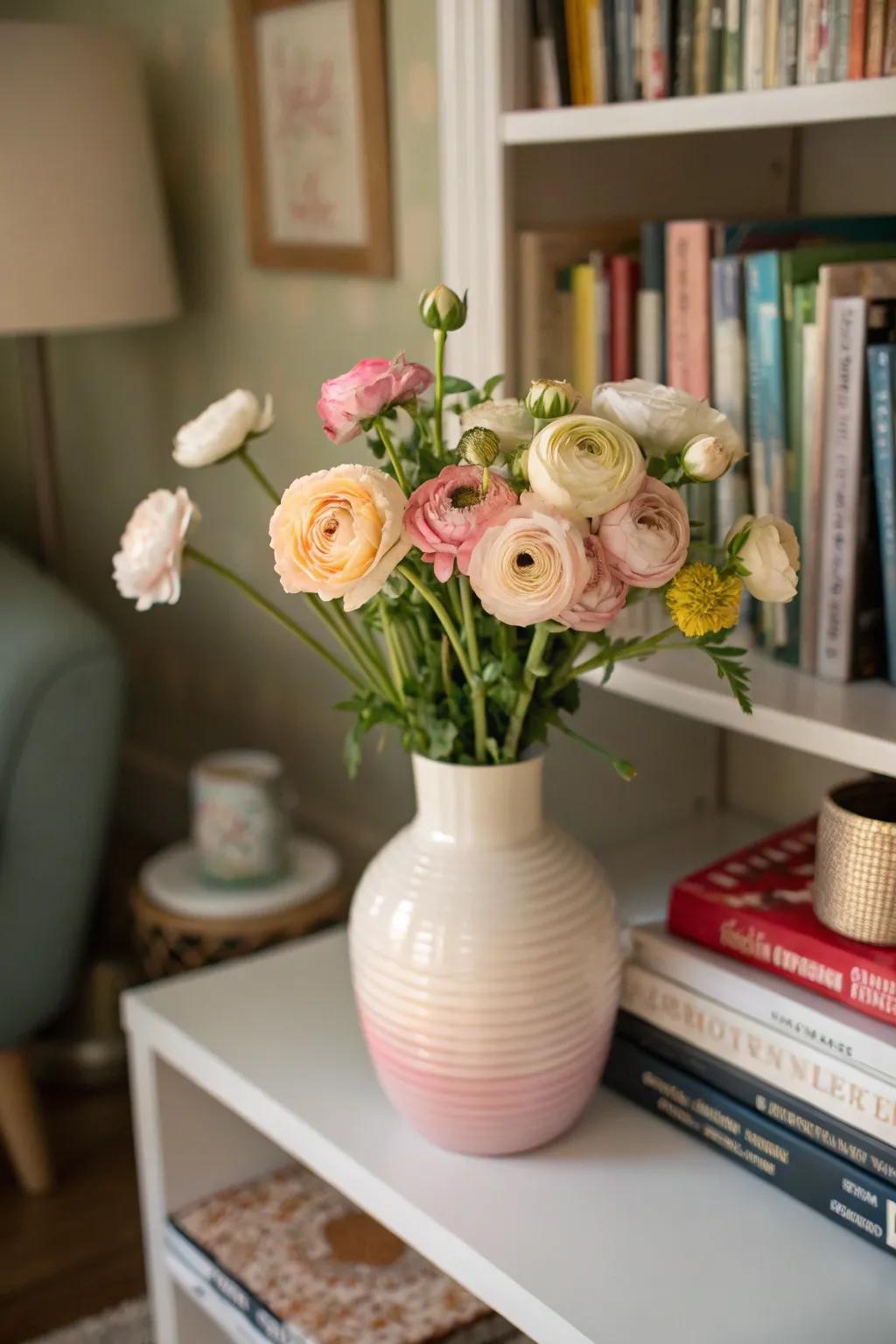 Subtle ranunculus arrangement imbuing a living space with allure.