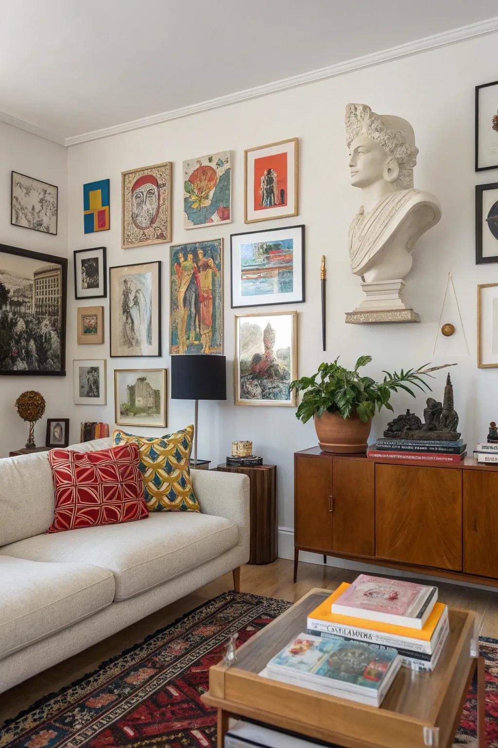 An eclectic mix of wall art styles in a living room.