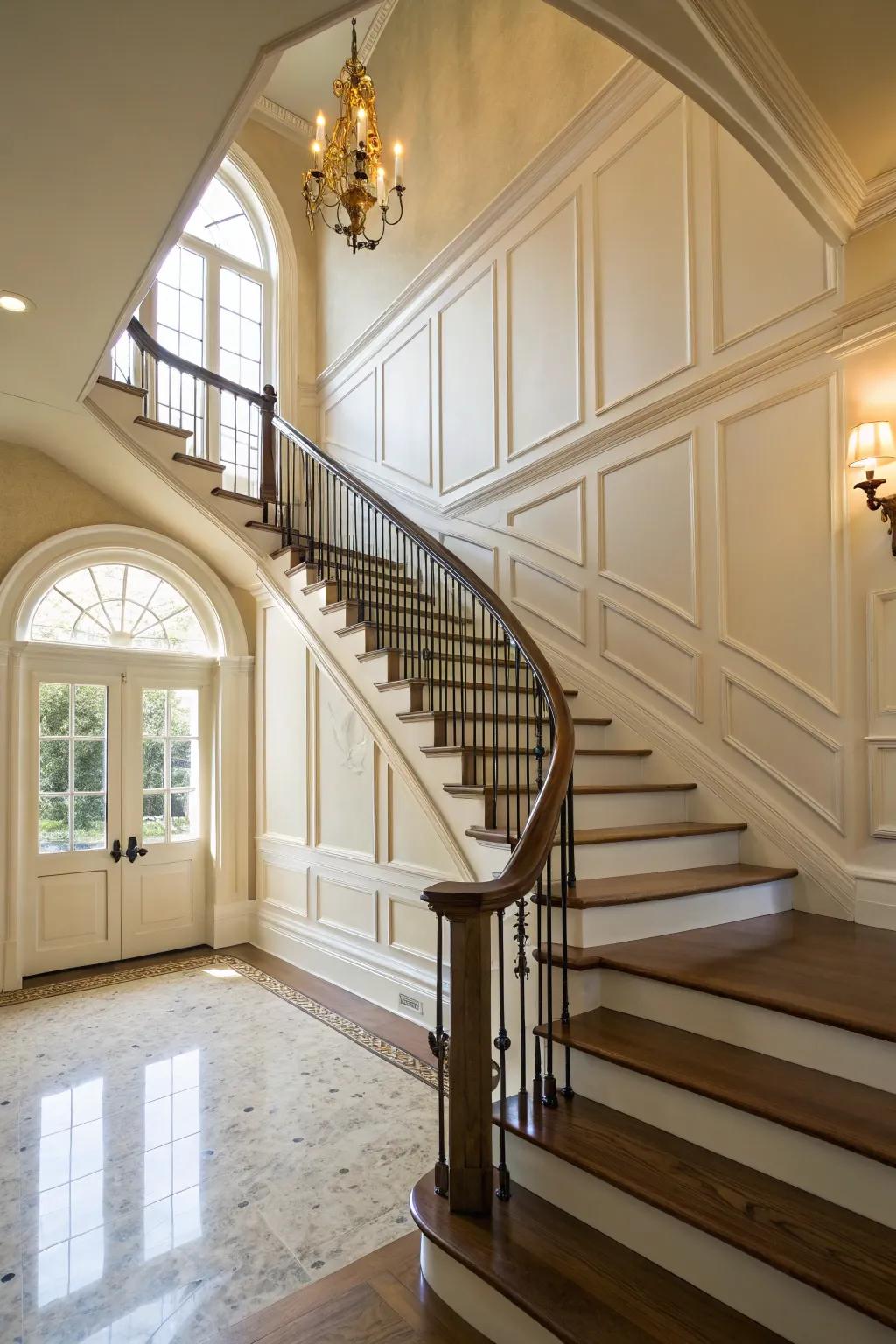 Wall trim along the stairwell creates a seamless, elegant flow.