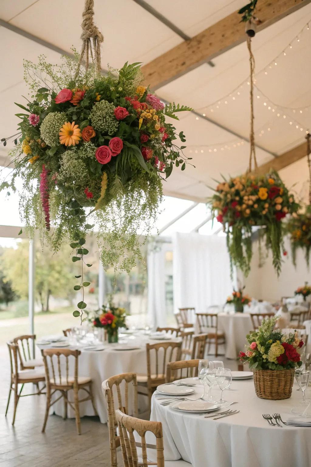 Hanging centerpieces create a stunning and unexpected focal point.