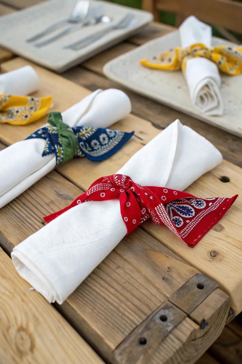 Bandana napkin holders add a playful touch to table settings.