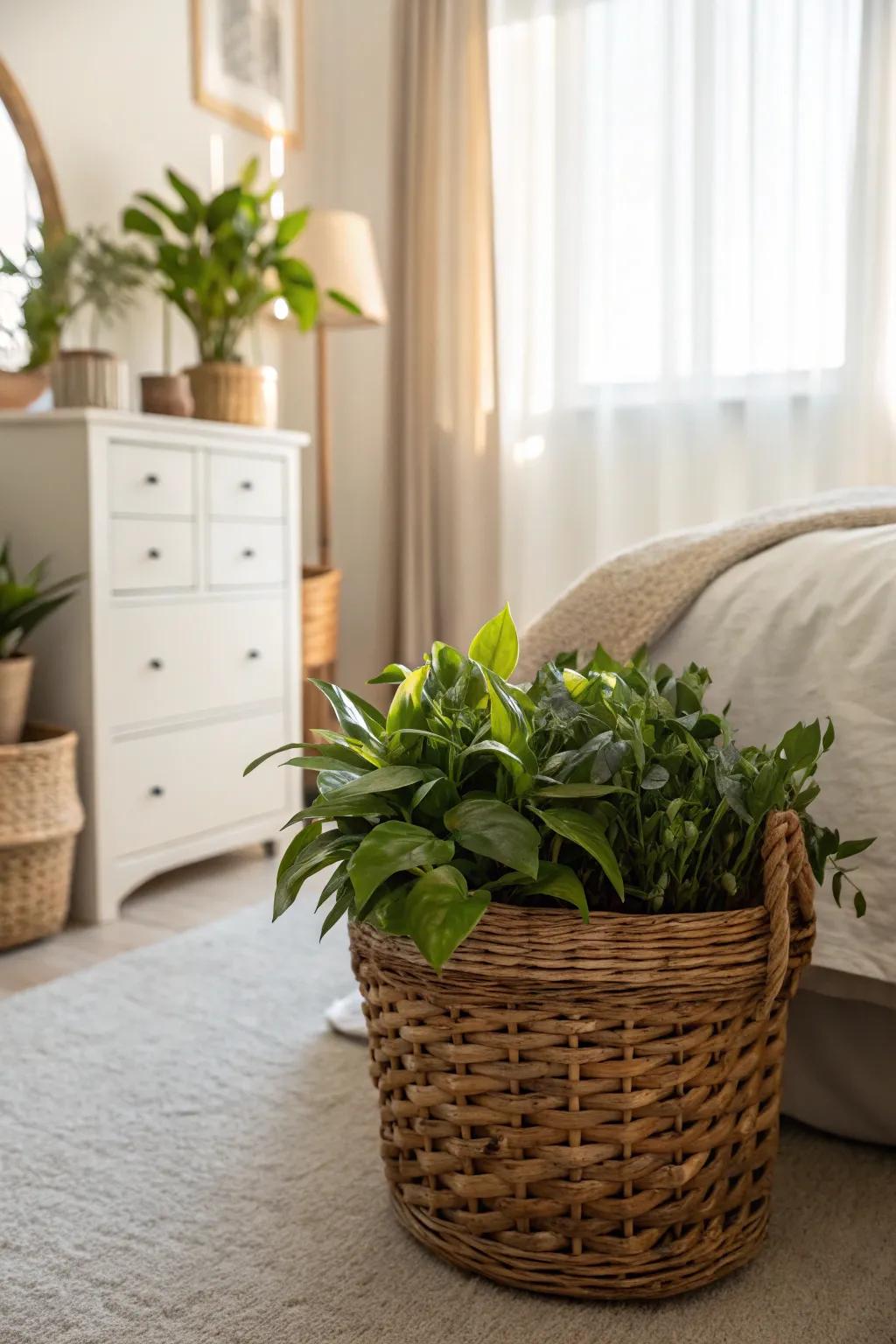 Integrating a basket as a plant container enriches your room with an element that is both natural and invigorating.