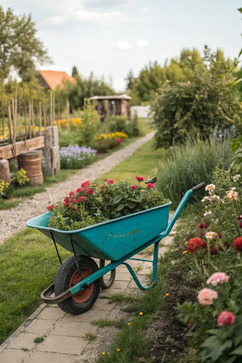 A splash of color with a freshly painted wheelbarrow.