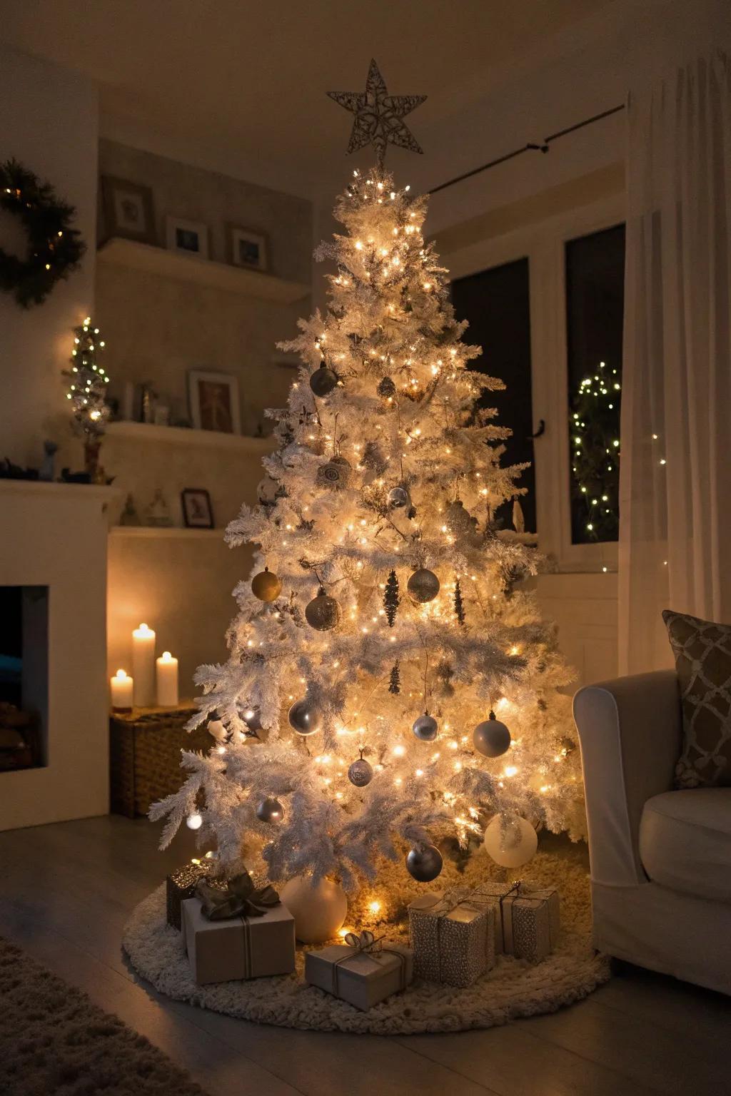 Shimmer and glisten with glittery adornments on a white Christmas tree.
