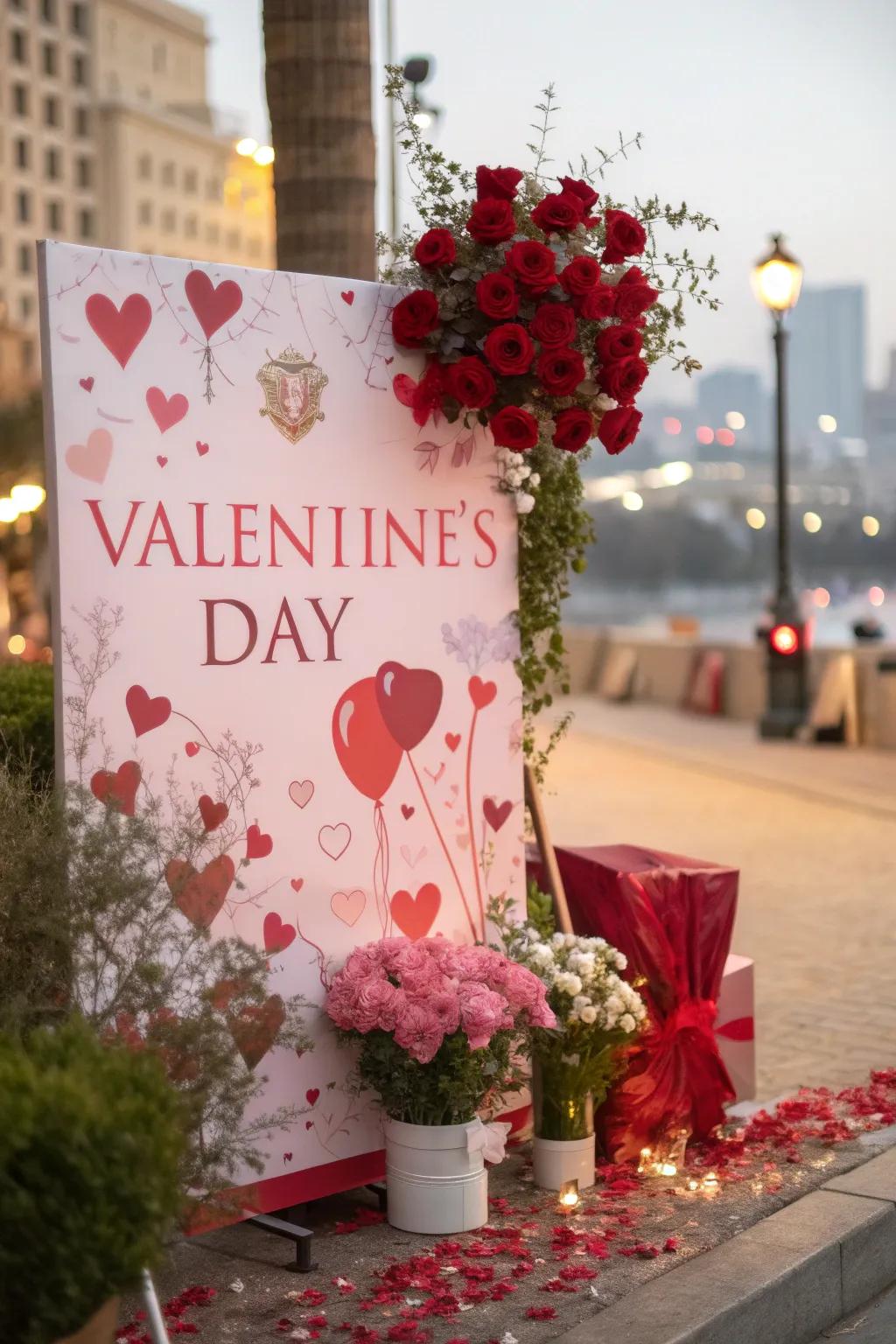 A romantic Valentine's poster featuring symbols like flowers and love letters.