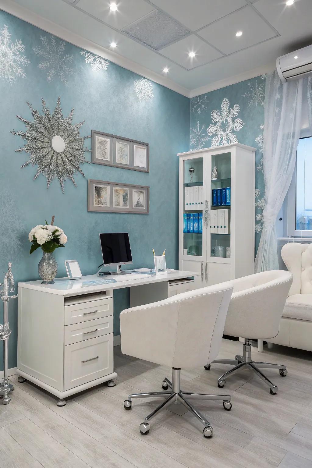 Icy blue and silver create a refreshing winter palette for your office.