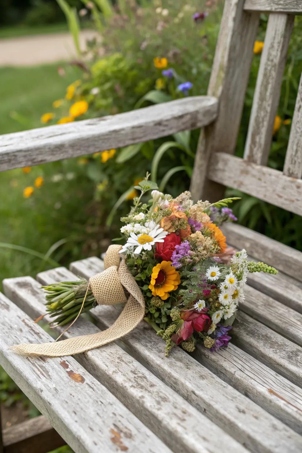 Rustic wrist corsage with charming wildflowers.