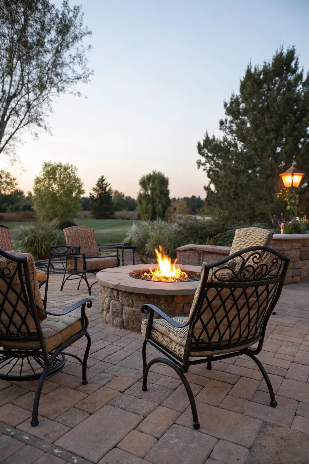 A fire pit surrounded by wrought iron seating invites cozy gatherings.