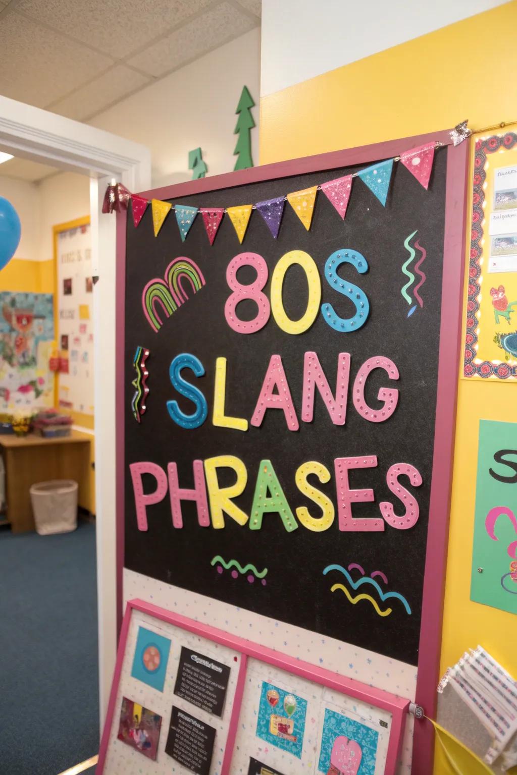 80s slang phrases on a pinboard in playful fonts.