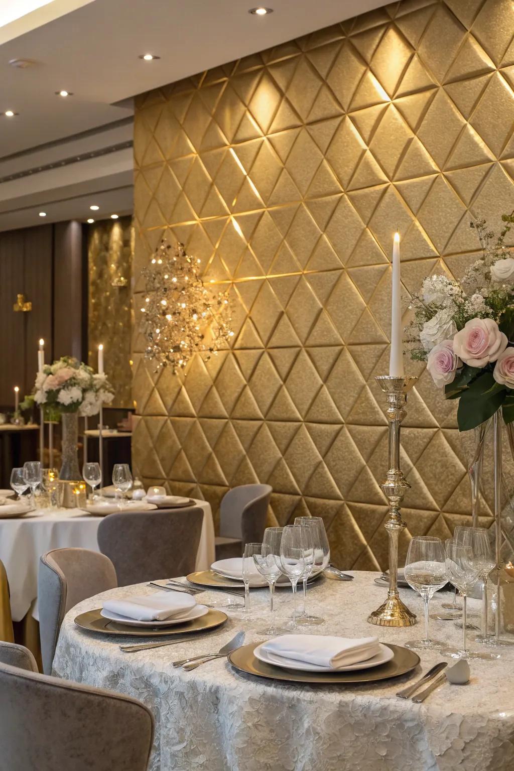 A luxurious dining area with a shimmering metallic accent wall.