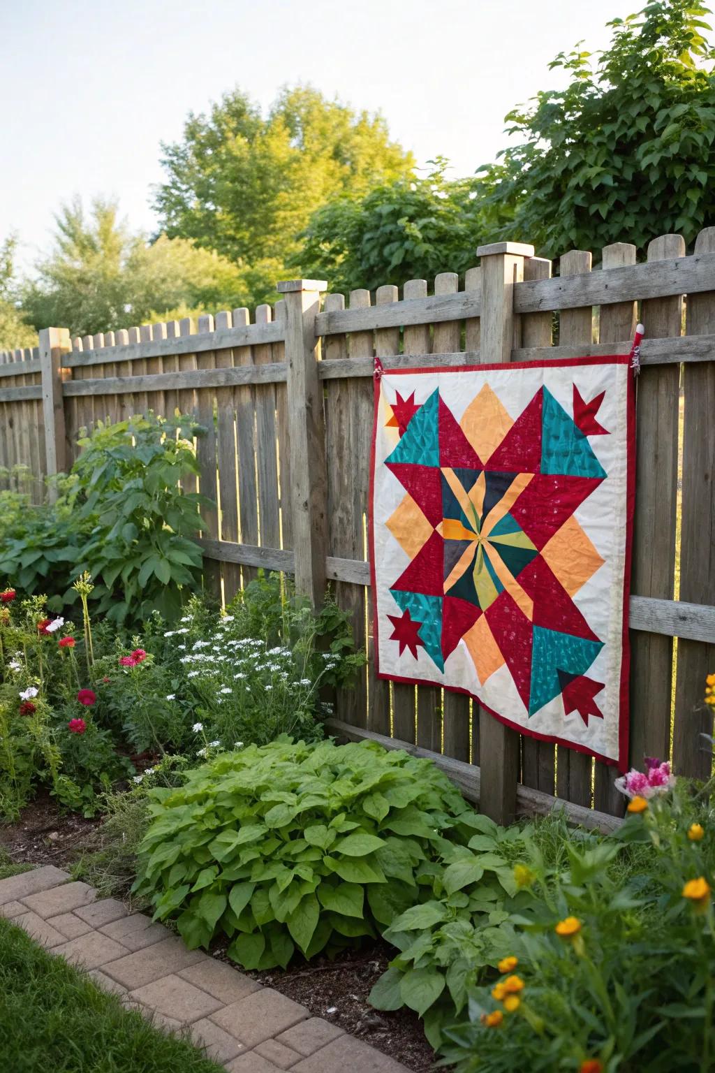 A colorful barn quilt that imparts charm and character to any garden.