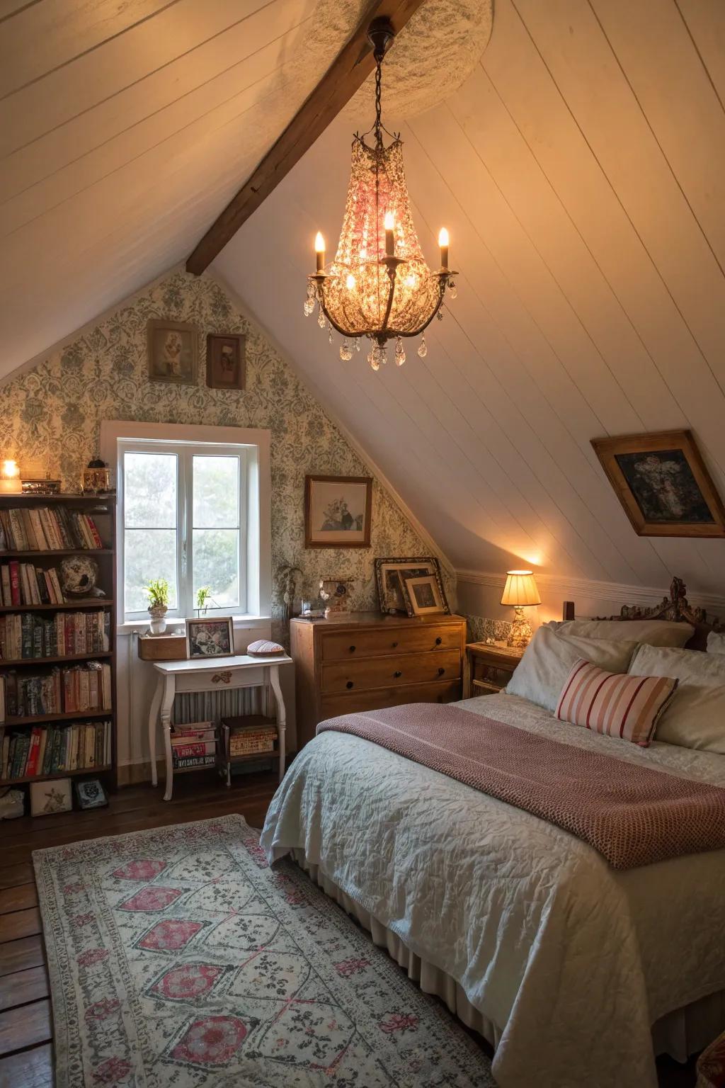 Warm lighting establishes a cozy and welcoming tone in your attic bedroom.
