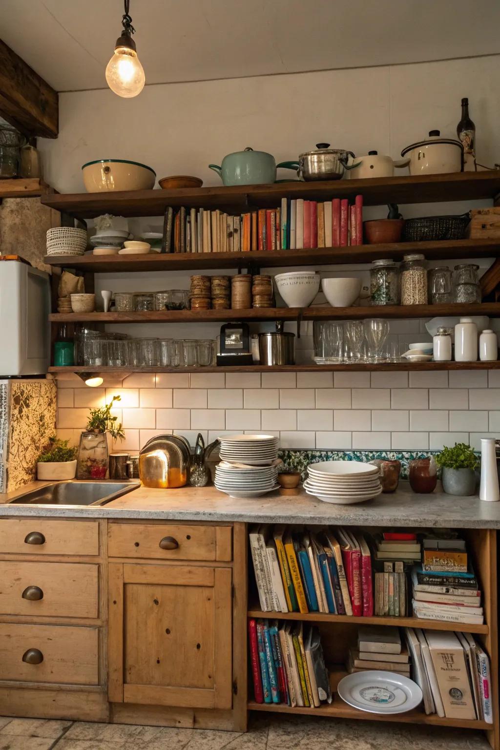 A kitchen cluttered with open shelves, filled with a variety of items collecting dust.