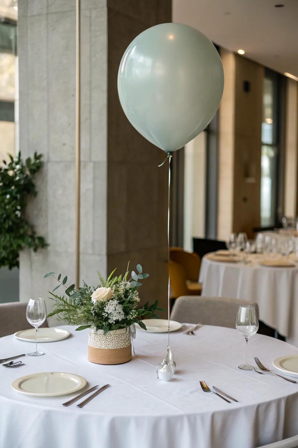 An oversized balloon articulates a minimalist proclamation.