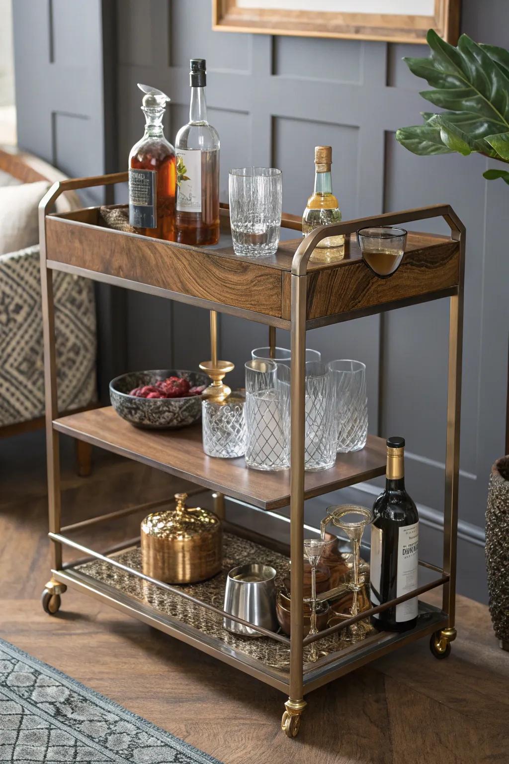 Textural variety creates a visually appealing bar cart.