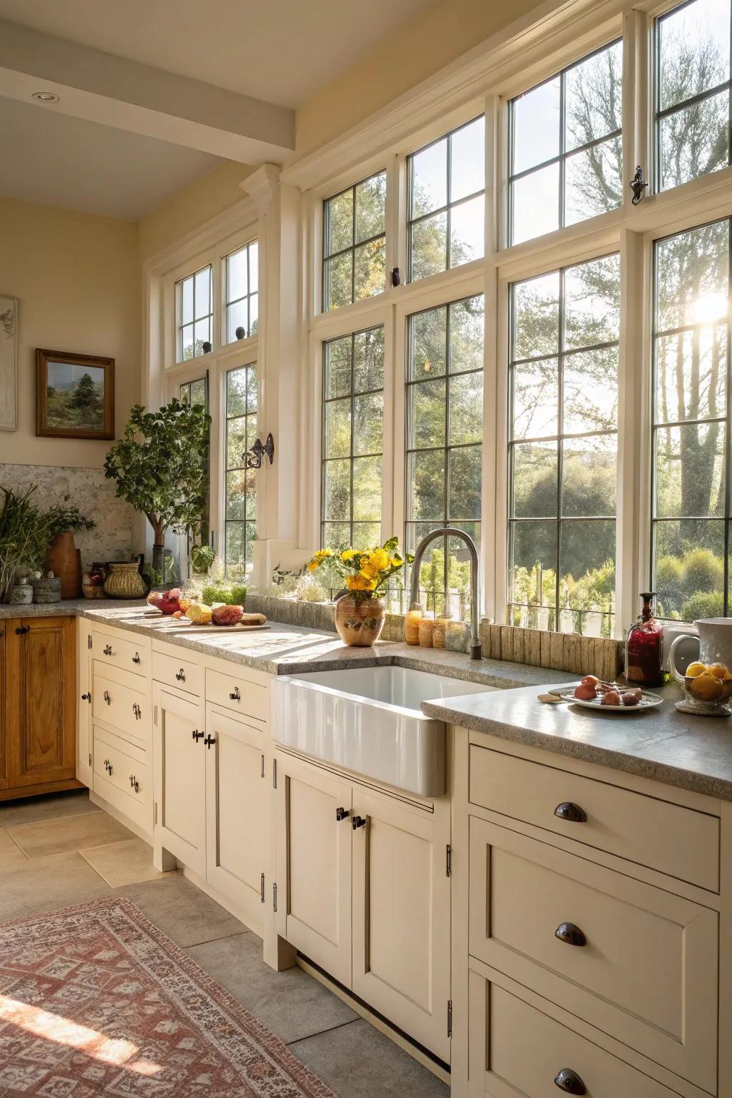 Natural lighting enhances the kitchen's inviting atmosphere.