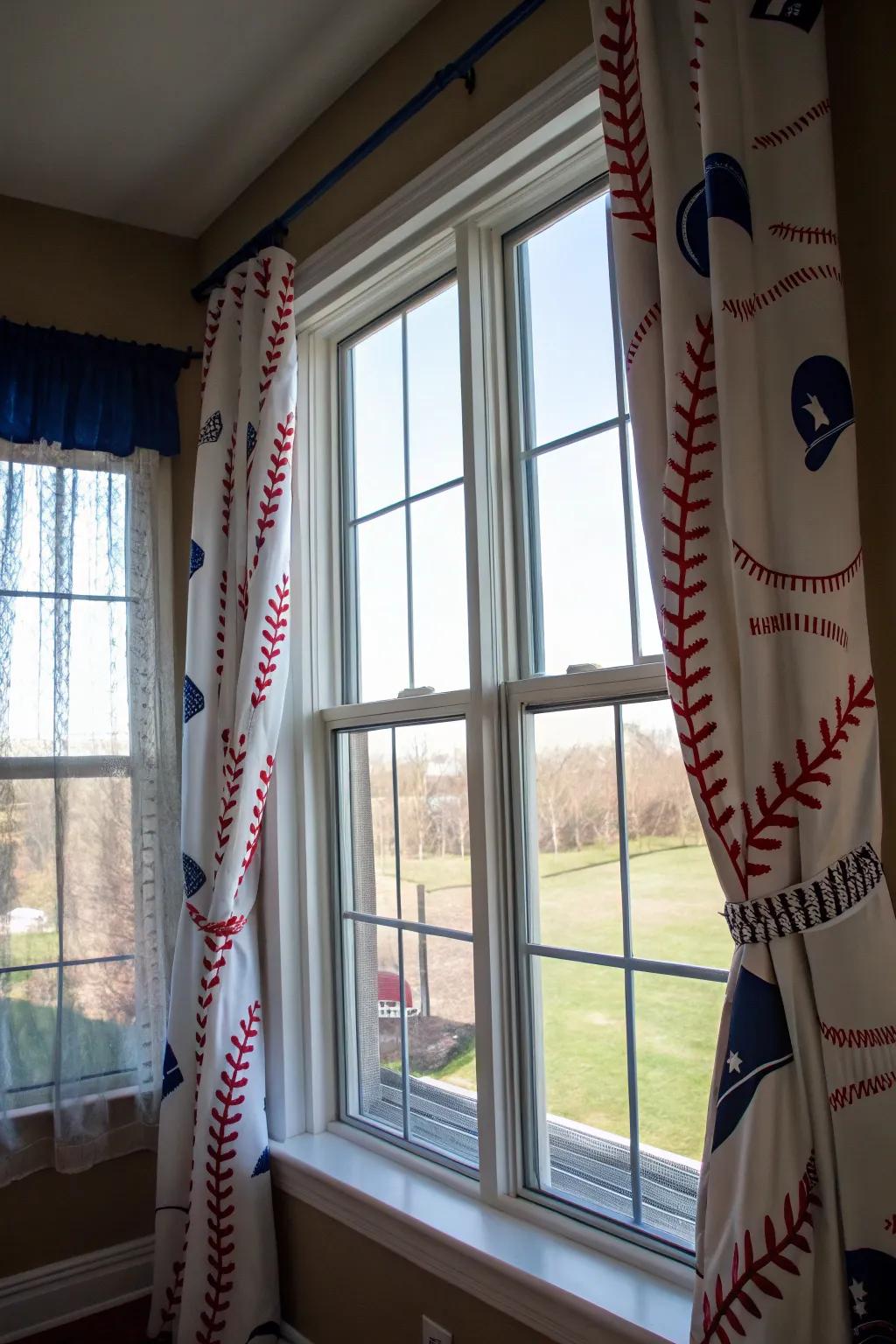 Add flair to your windows with baseball-themed curtains.