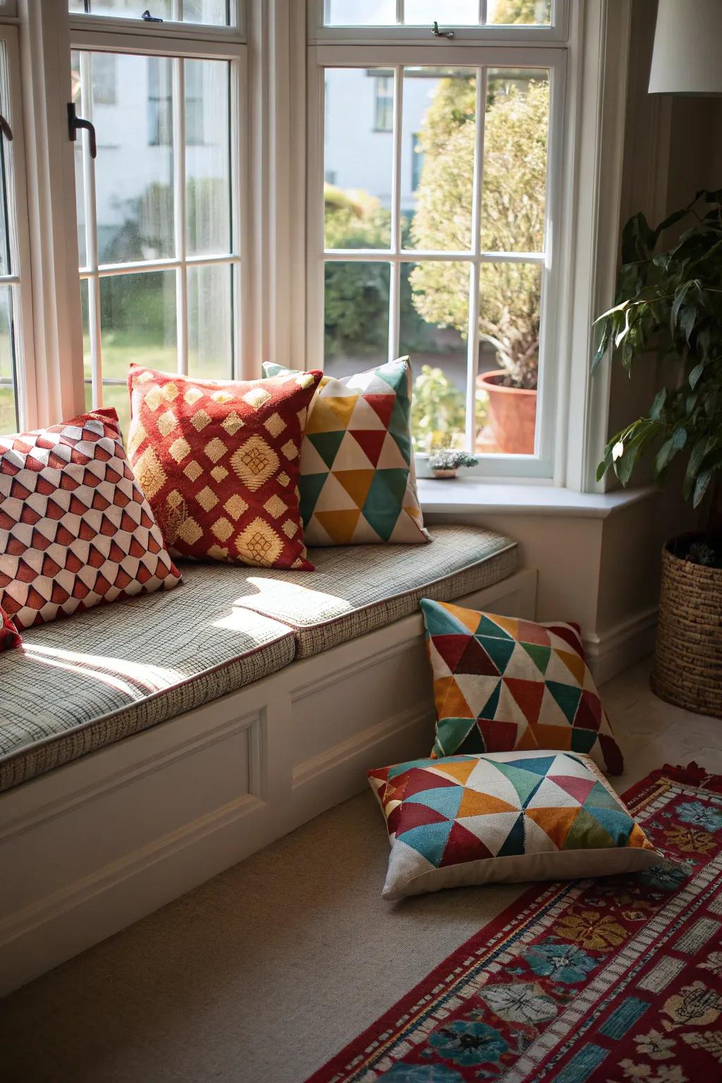 Geometric patterns offer a modern twist to traditional bay window designs.