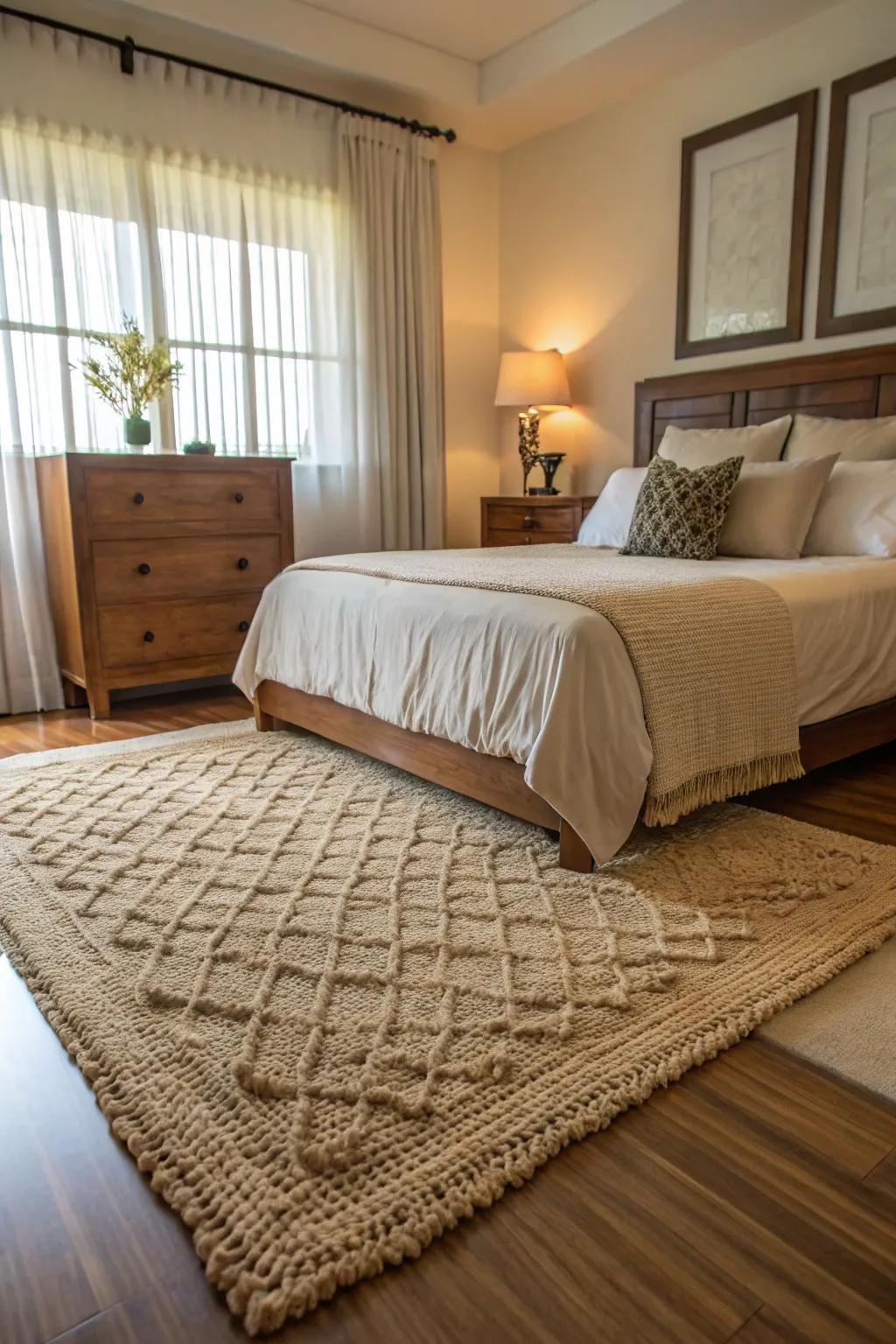 A cozy rug adds warmth and texture to the bedroom floor.