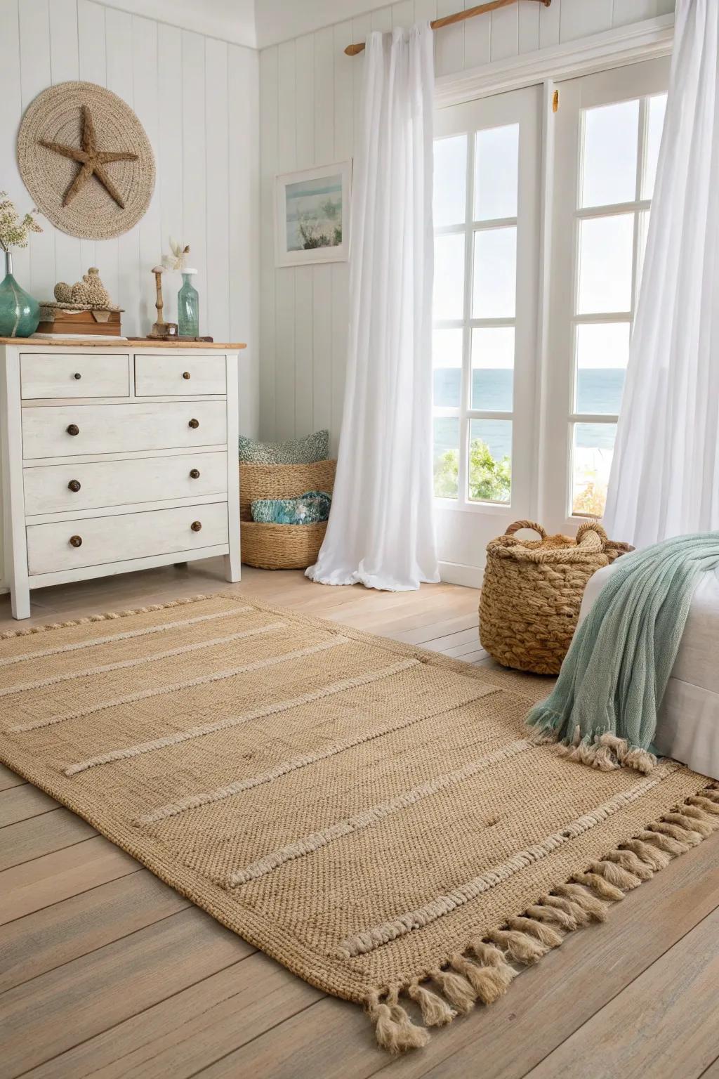 Natural fiber rugs enhance coastal vibes.