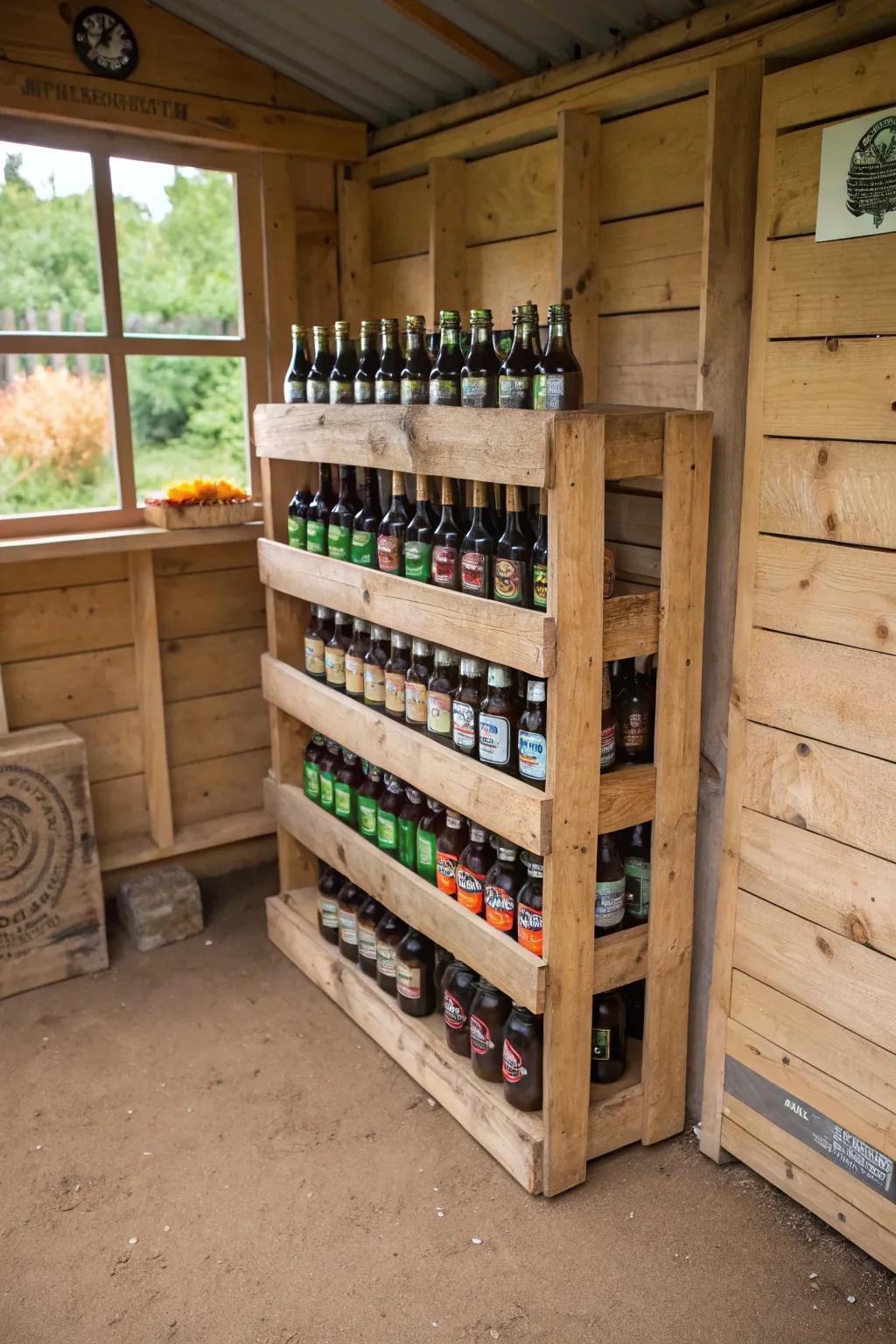 An upcycled pallet rack in a garden shed storing beer bottles.