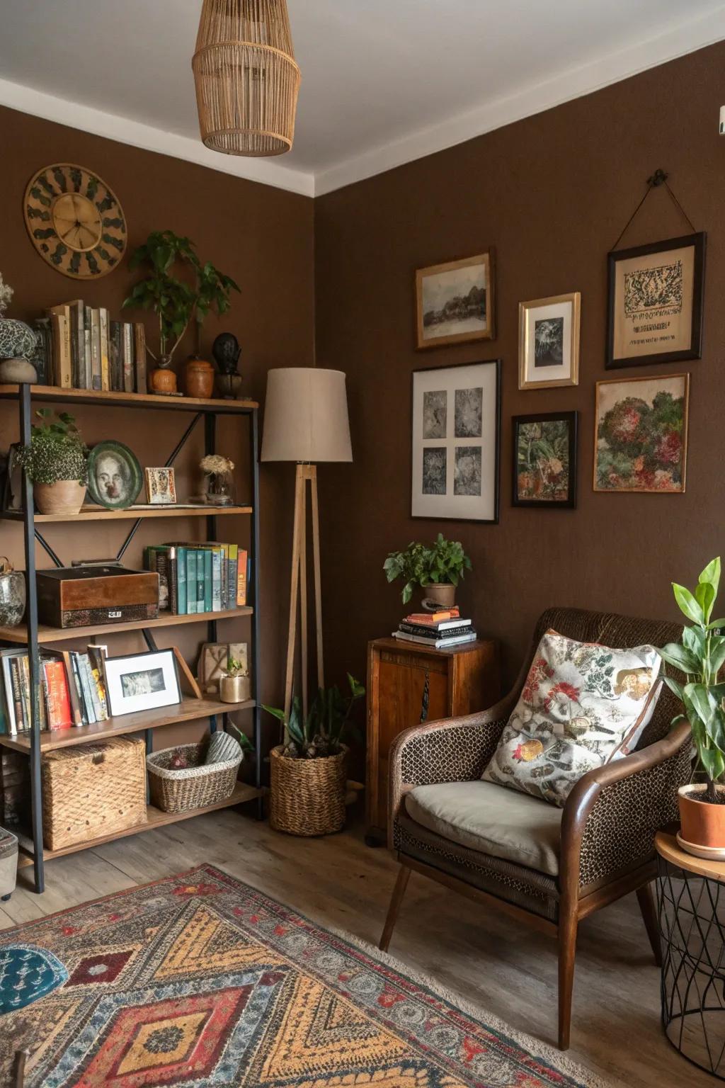 A personal touch with brown walls that highlight unique decor.