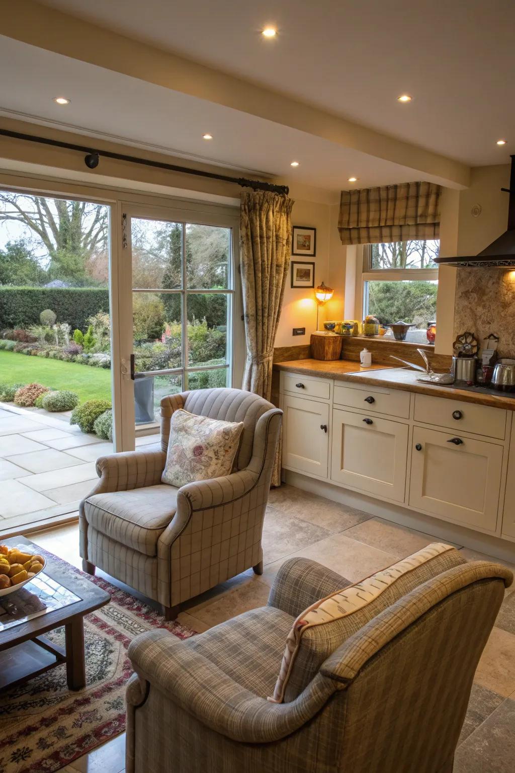 A cozy seating area makes the kitchen a welcoming space.