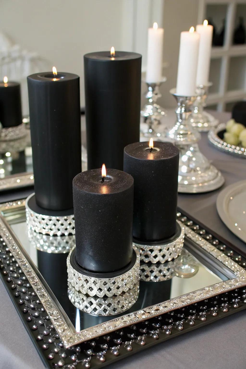 Sophisticated candle centerpieces in black and silver.