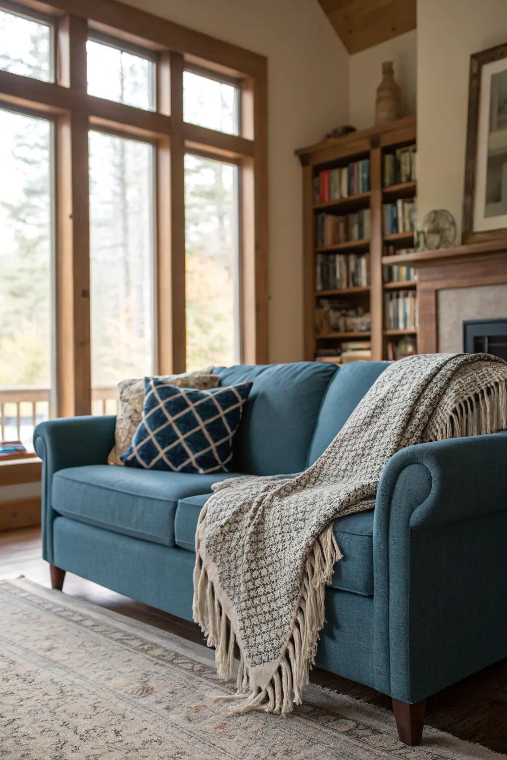 Textured throws introduce warmth to a blue settee arrangement.