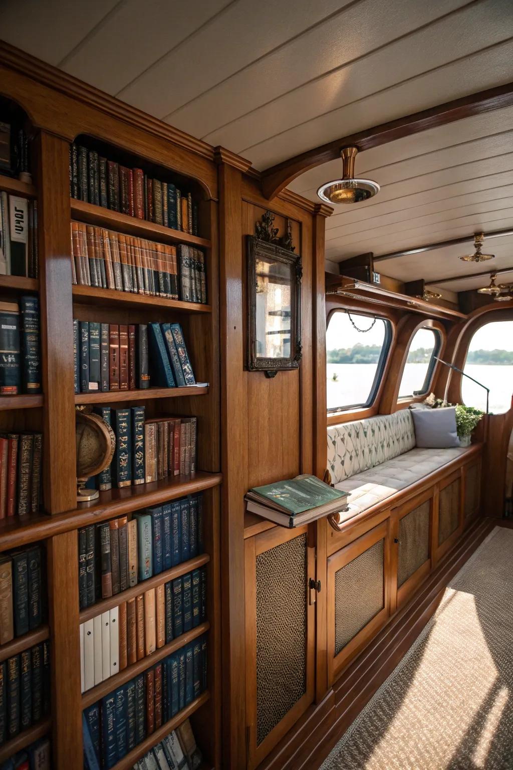 Integrated bookshelves within a vessel's salon replete with nautical tomes.