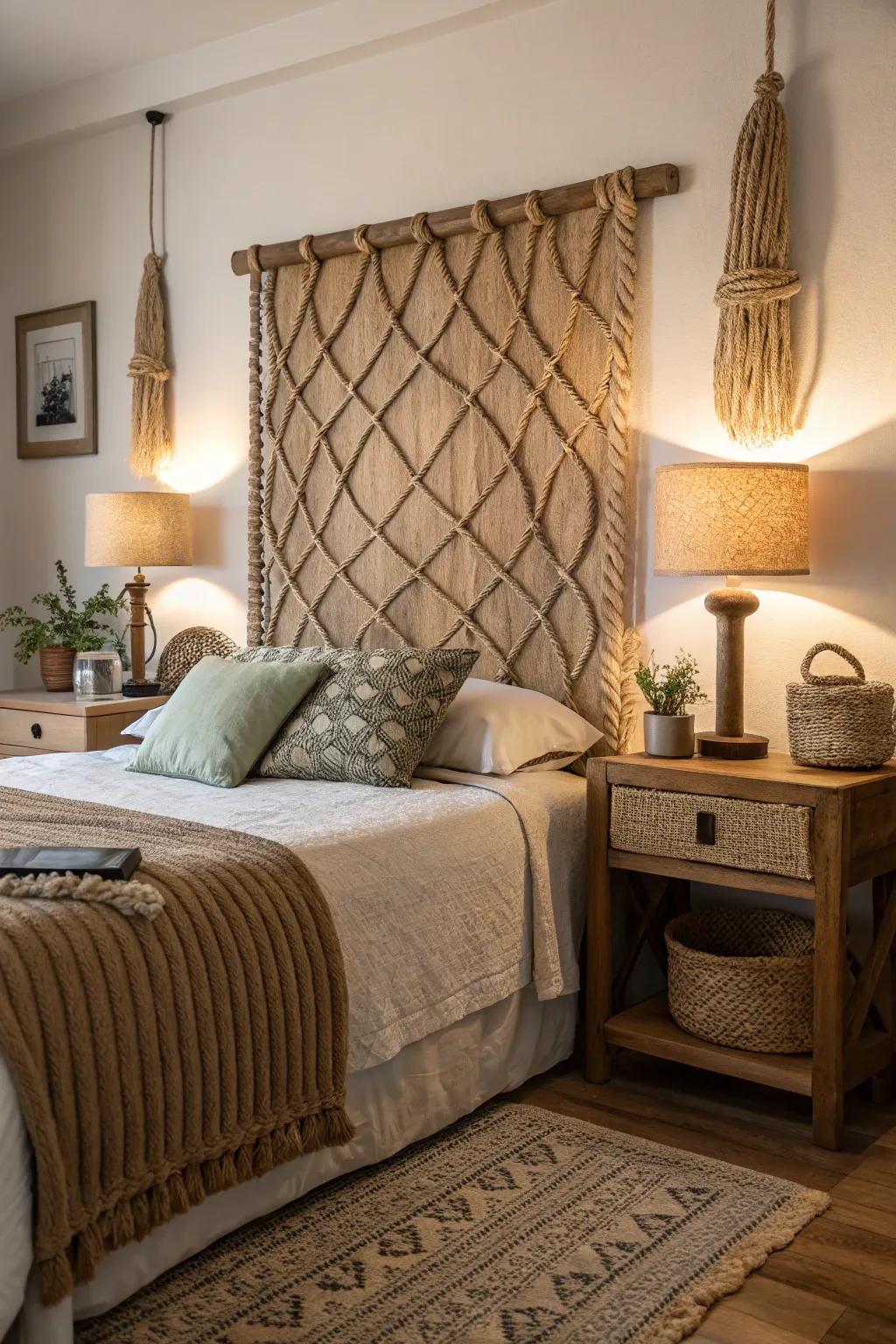 Rope accents give this headboard a unique bohemian touch.