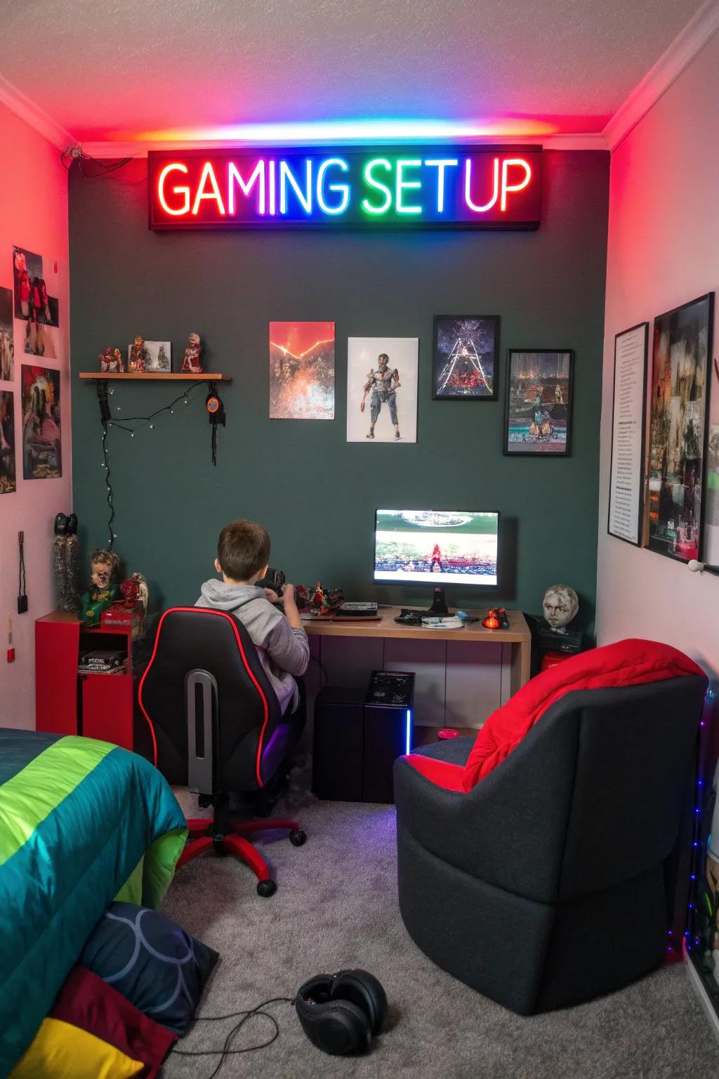 A neon sign brings a vibrant flair to the gaming space.