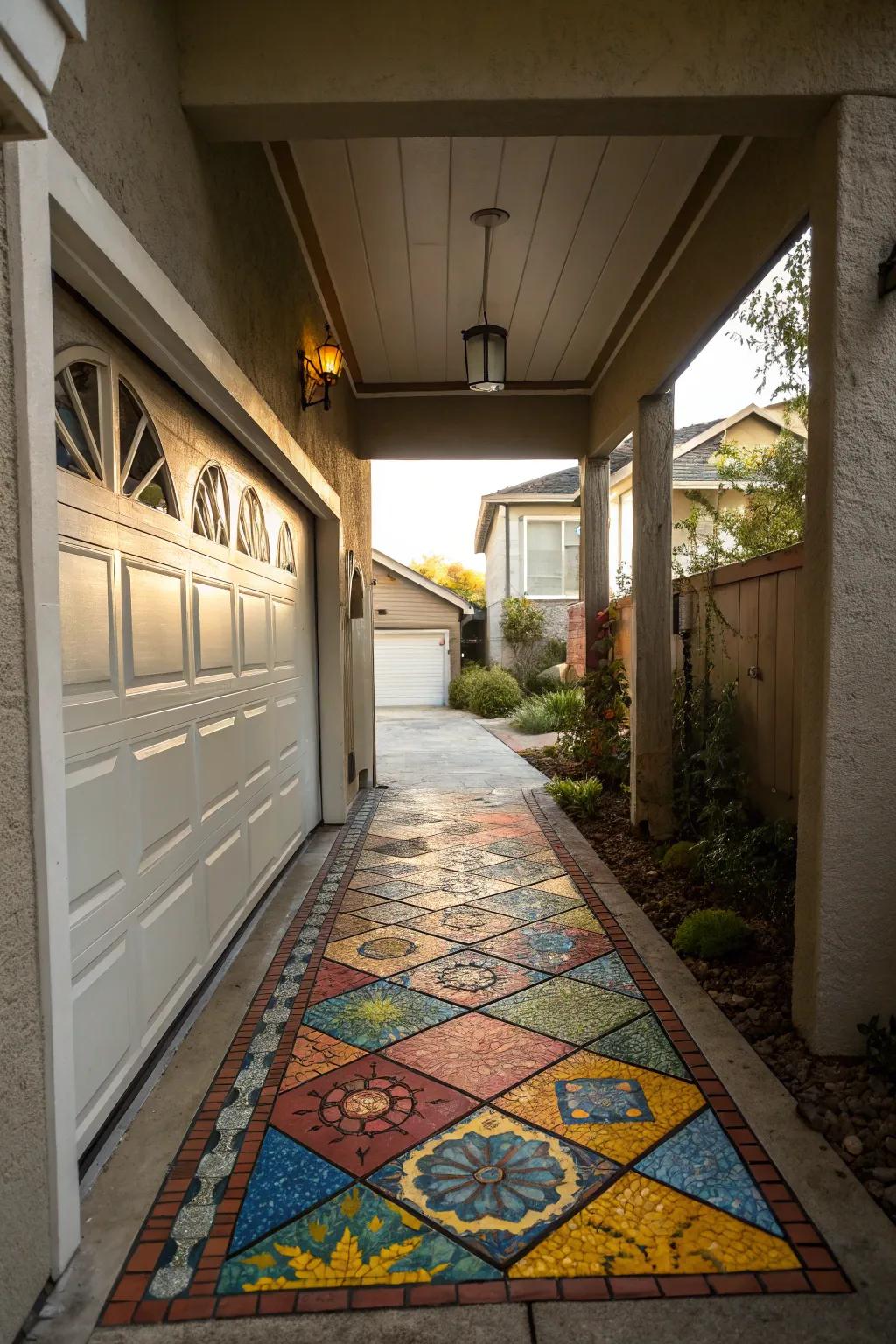 A colorful mosaic path breezeway that adds artistic flair and personality.