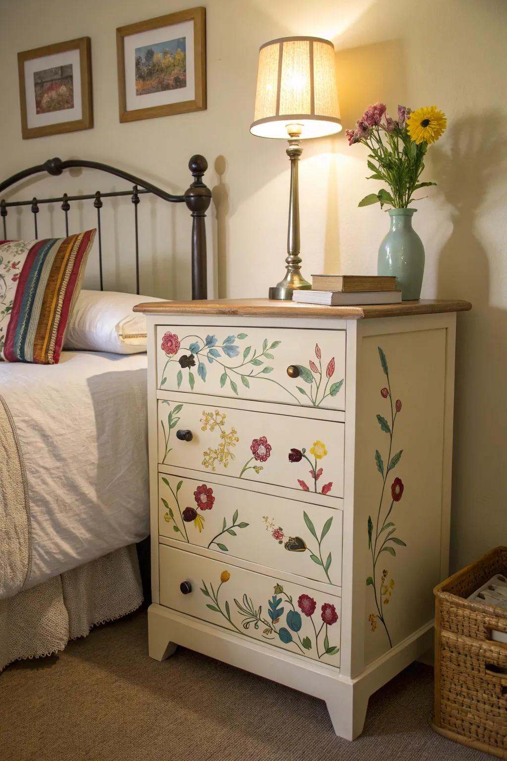 Thrifted furniture pieces bring unique character to a budget-conscious bedroom.