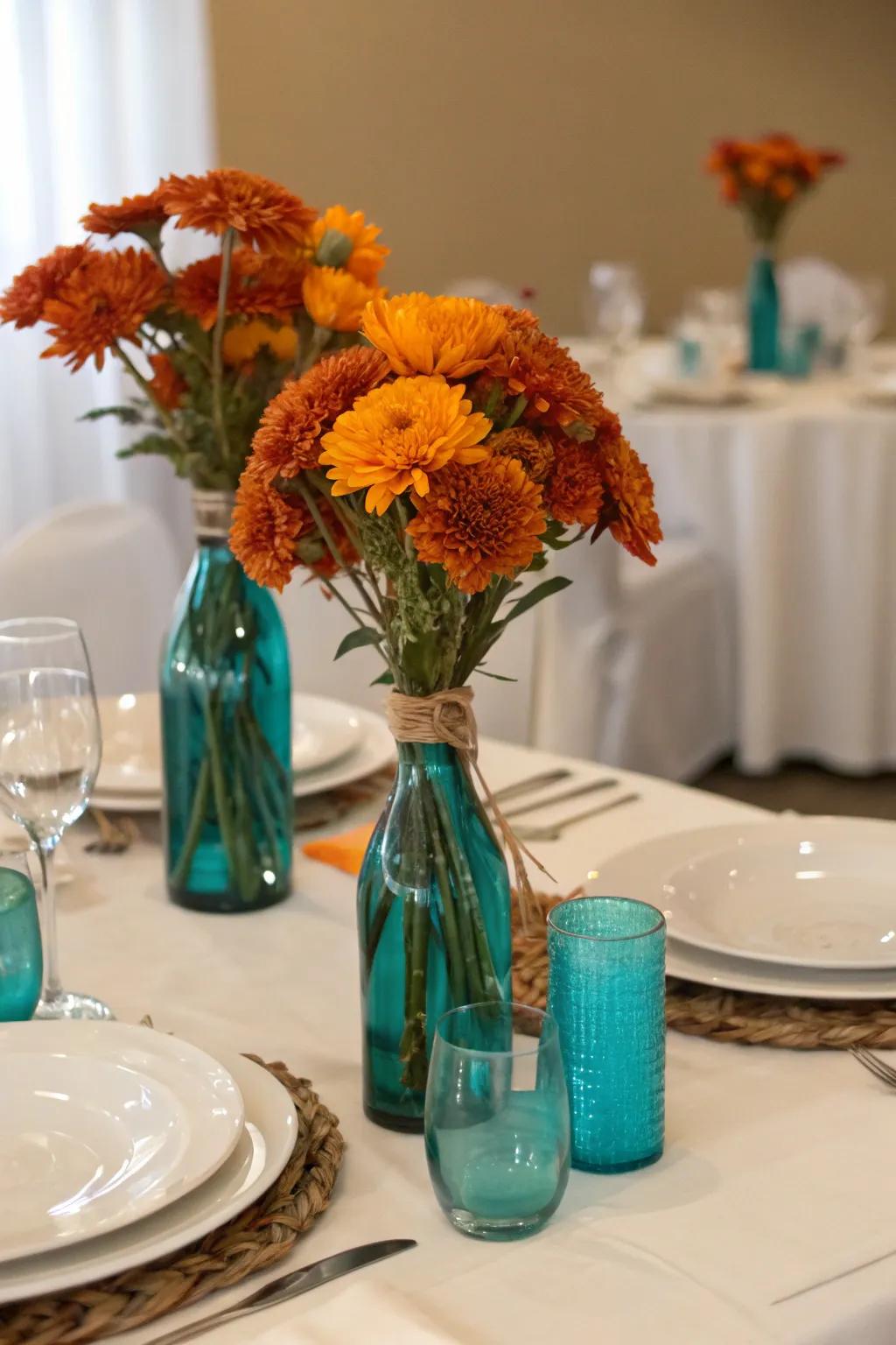 Unique centerpieces that captivate with teal and burnt orange.