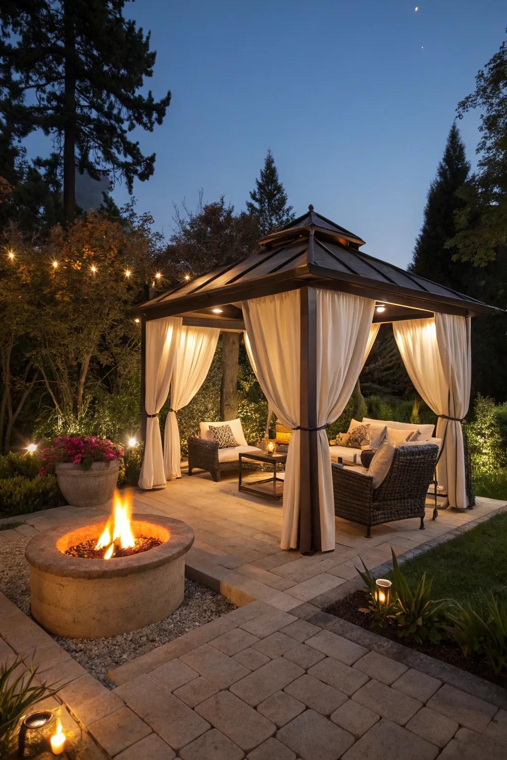 A cozy cabana with a warm fire pit lounge.