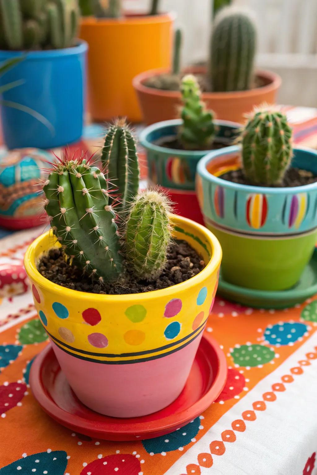 Vibrant fired clay vessels infuse a playful note into cactus displays.