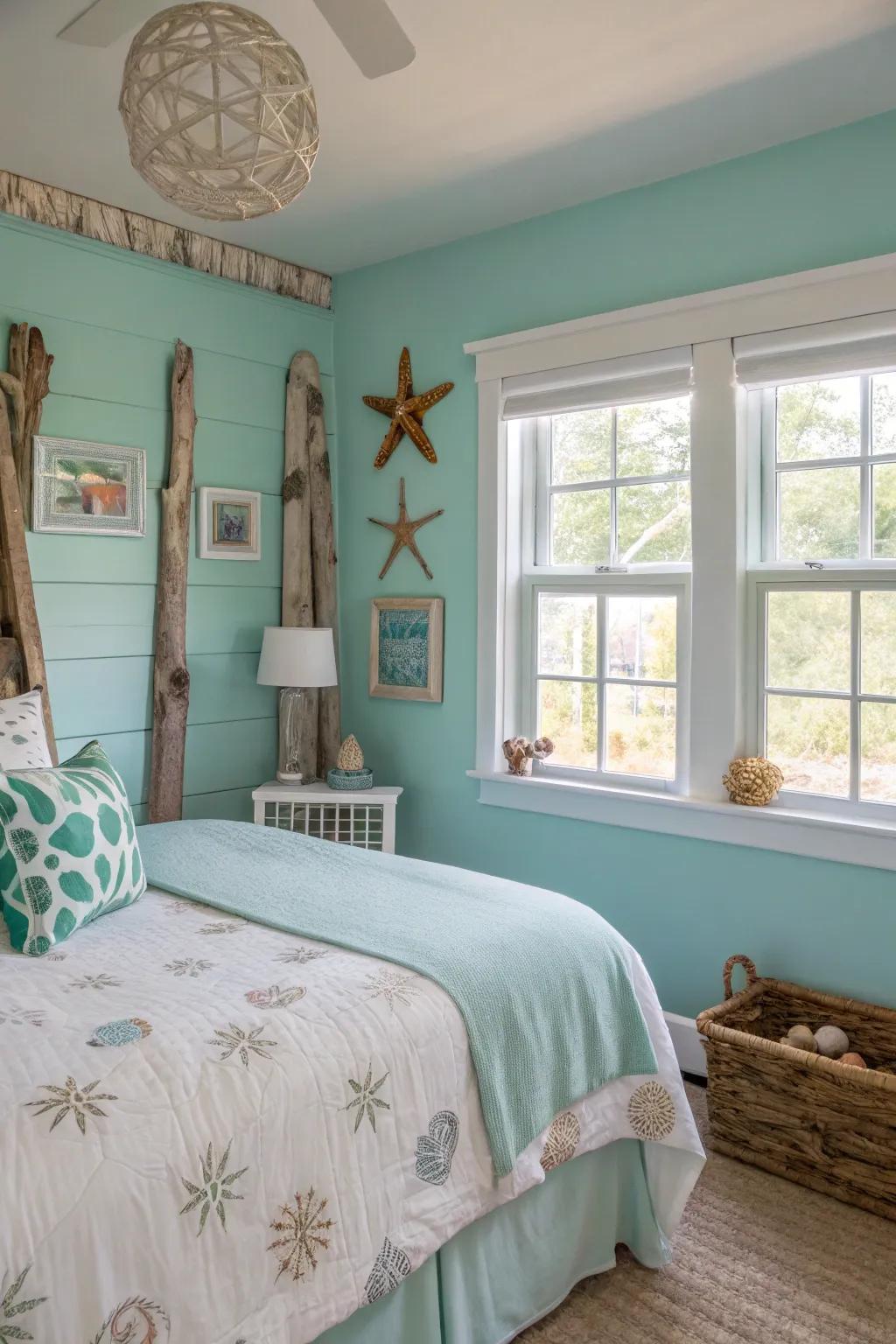 Aqua tones create a refreshing and soothing bedroom.