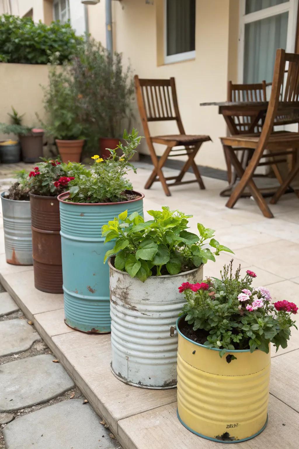 Upcycled planters bring a unique touch to your patio.