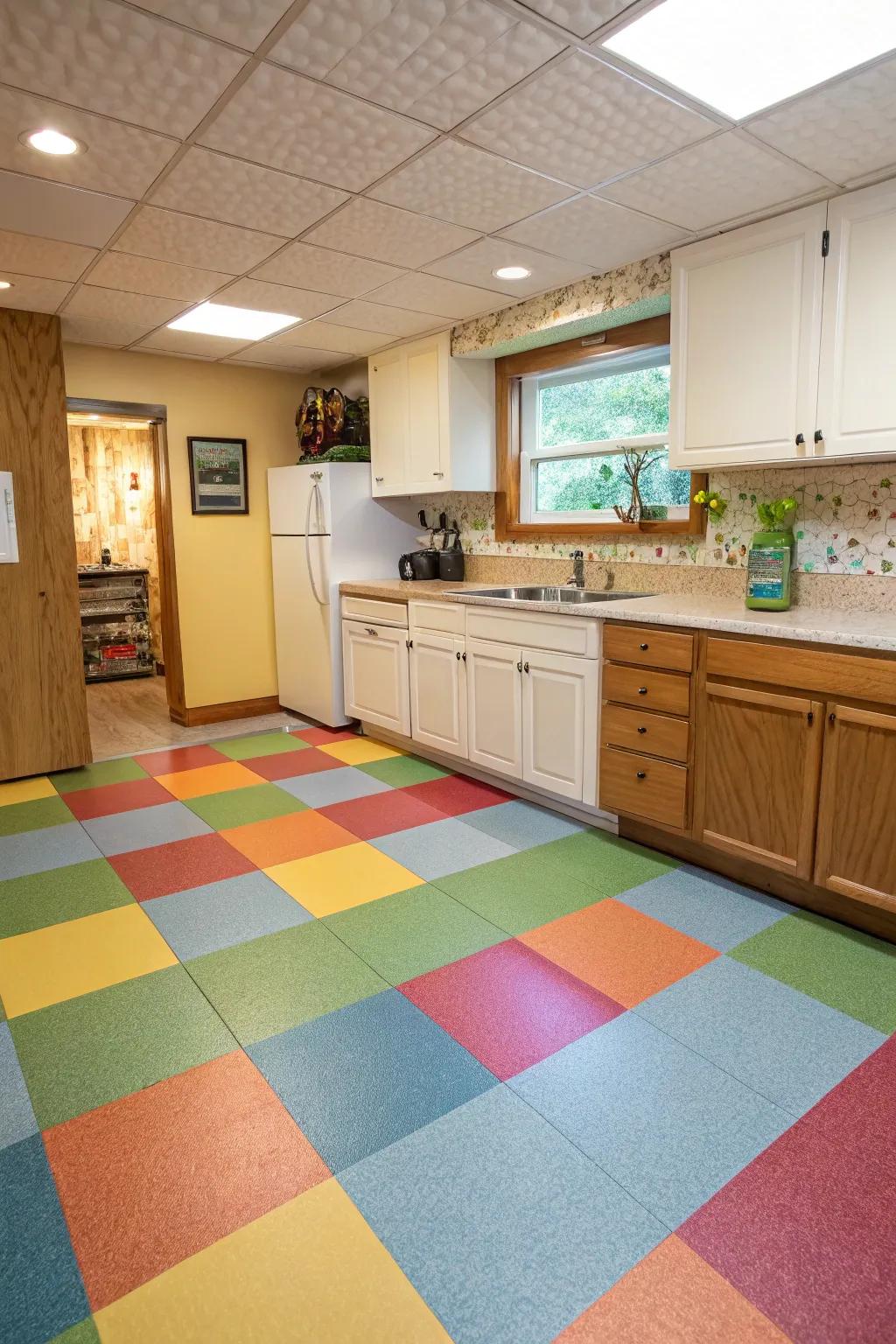 Sheet vinyl offers a vibrant and water-resistant option for basement kitchens.