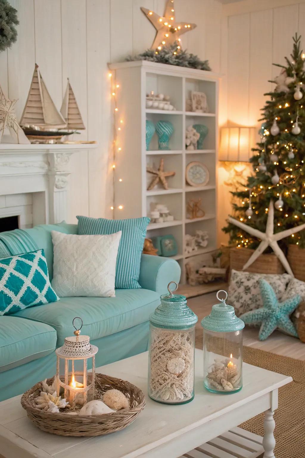 A seaside holiday with beach-inspired ornamentation.