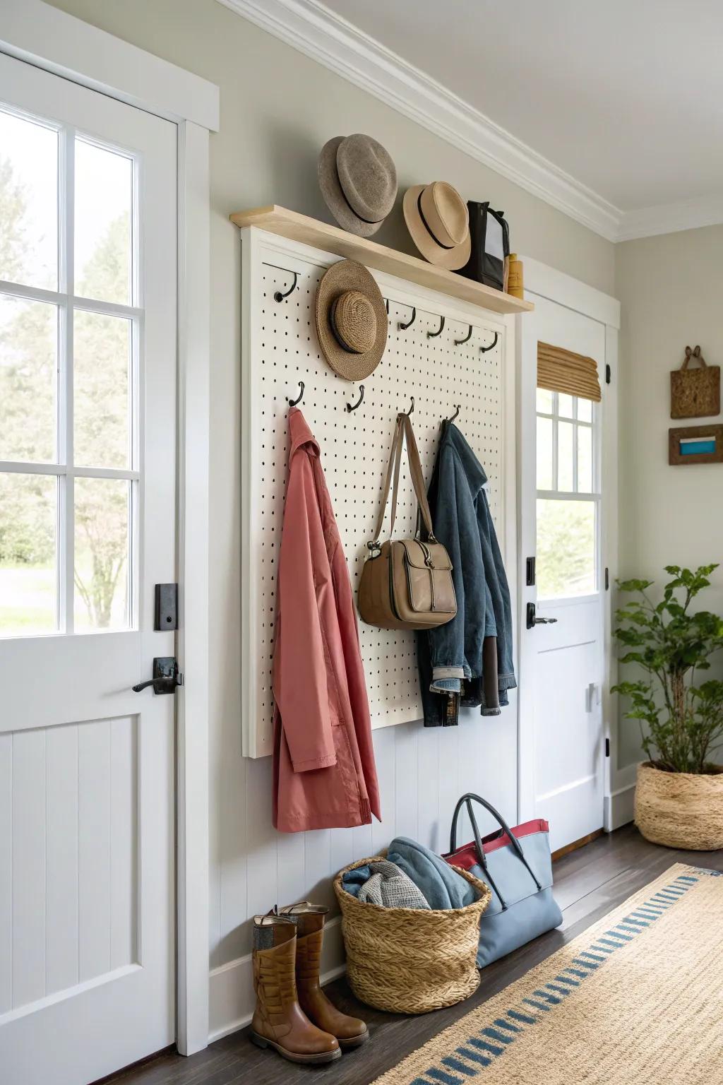 A peg board coat rack providing customizable storage solutions for a dynamic entryway.