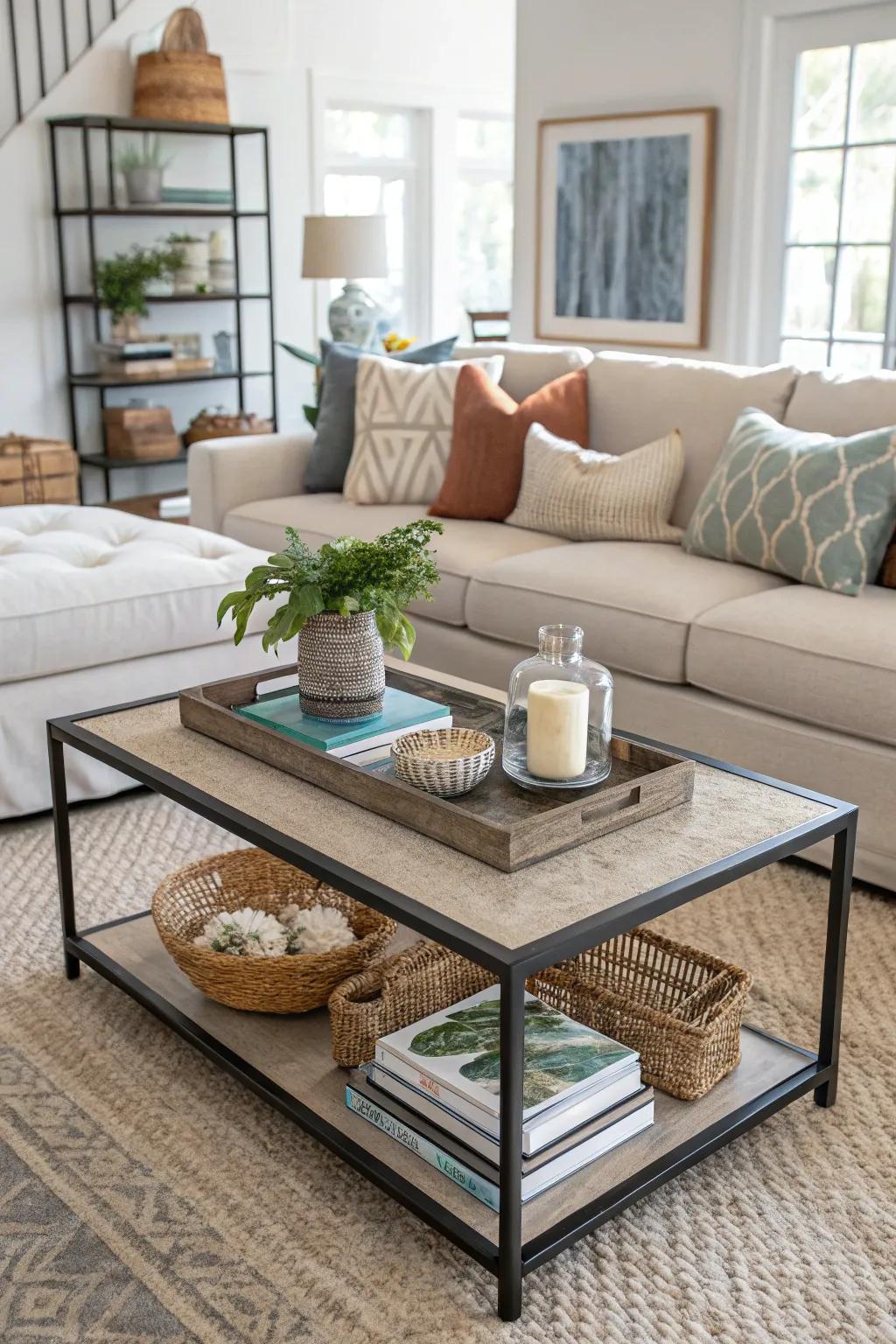 A tiered coffee table offers layers of style and functionality.