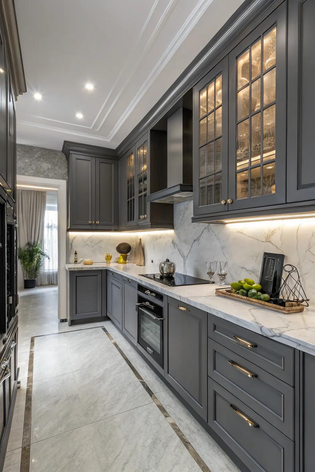 Dark cabinets set against cool grey tones for a sleek and modern kitchen look.